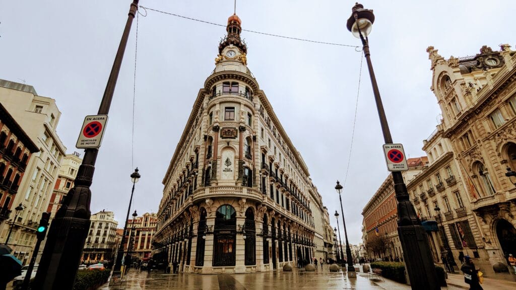 The Four Seasons hotel on a rainy day in Madrid